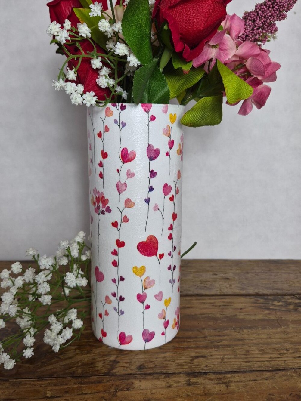 Decoupaged Glass Vase, Watercolor Hearts, 8.5 Inch Height